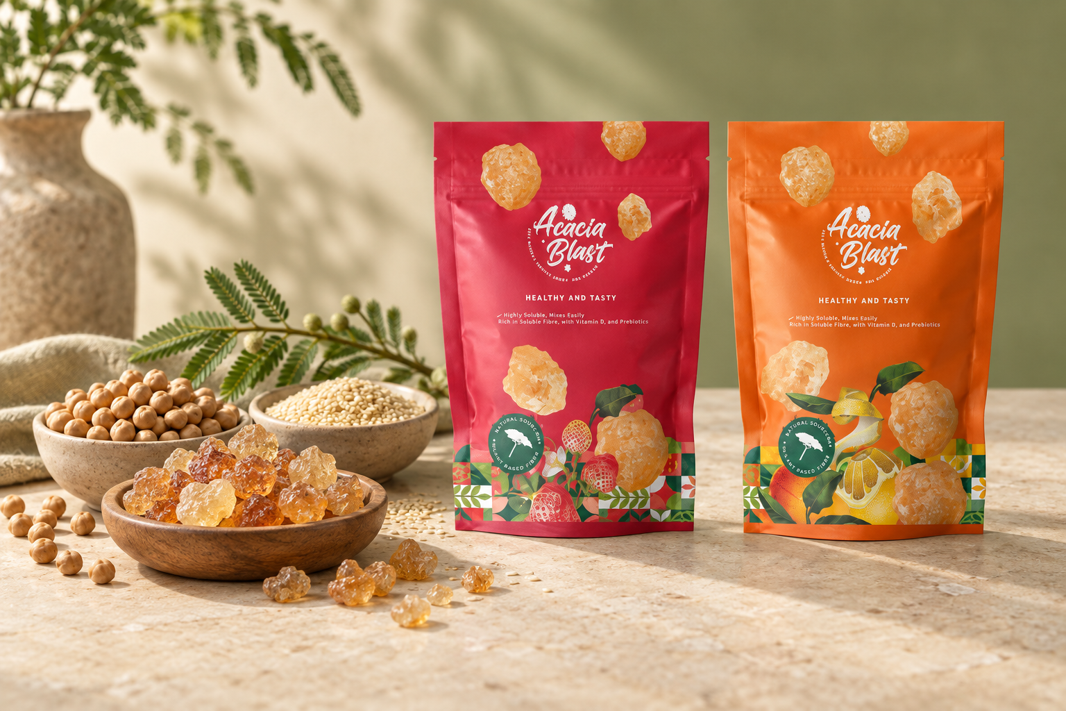 Acacia Blast red and orange packs with gum arabic, sesame seeds and chickpeas